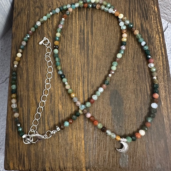 Indian Agate Beaded Necklace with Sterling Silver Crescent Moon Charm - Picture 2 of 9